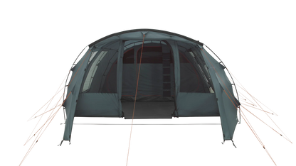 Large family camping tent with mesh windows and orange guy lines for outdoor adventures