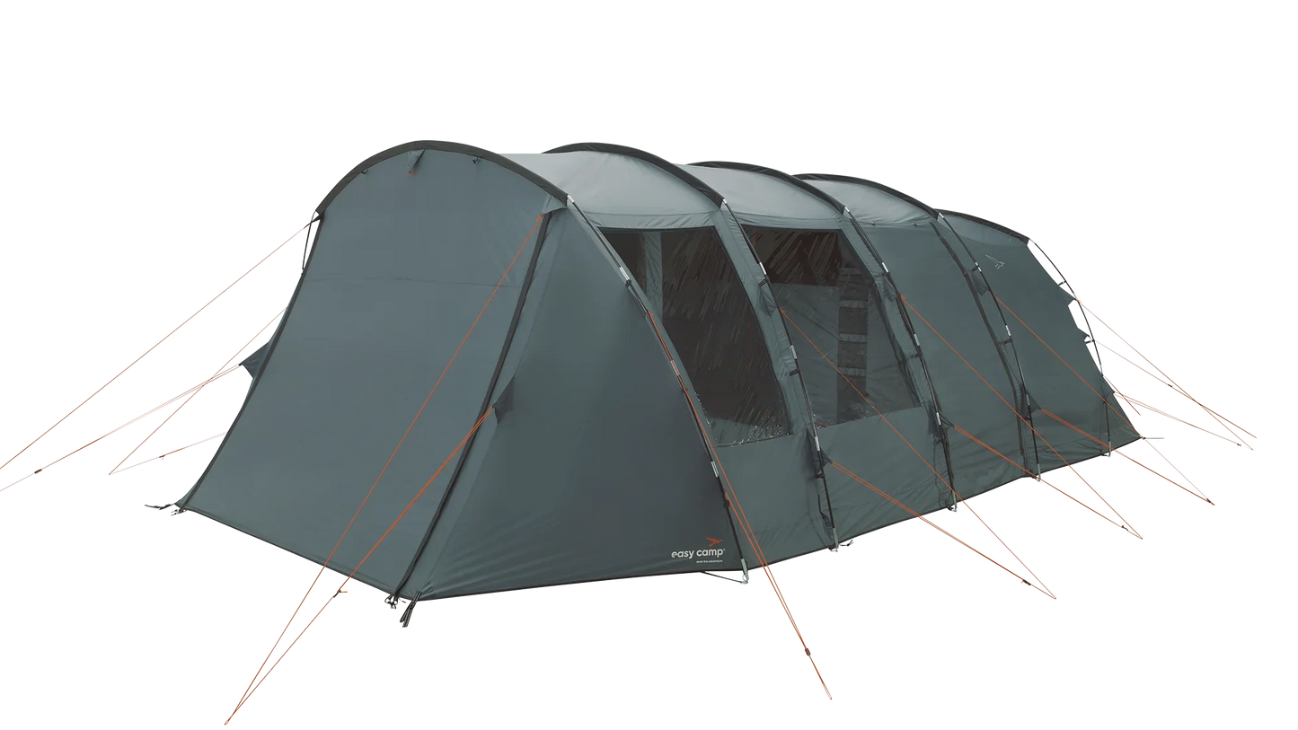 Large gray camping tent with orange guy lines, ideal for outdoor adventures and family camping trips.