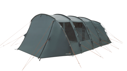 Large gray camping tent with orange guy lines, ideal for outdoor adventures and family camping trips.