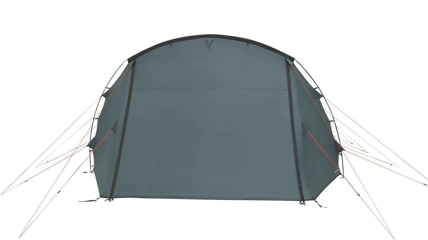 Gray camping tent with orange guy lines for outdoor adventures