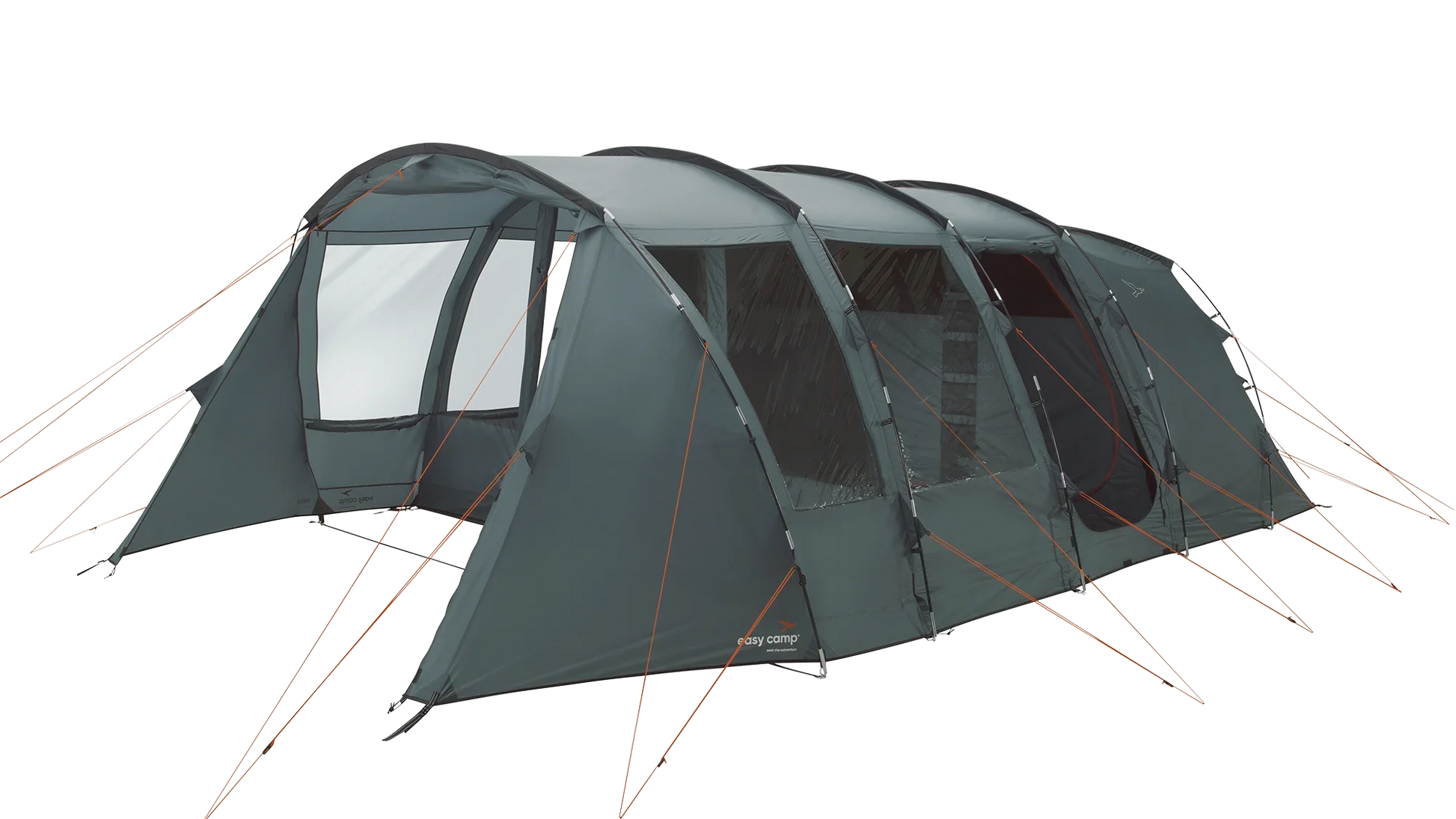 Large family camping tent with multiple rooms and orange guy lines for outdoor adventures