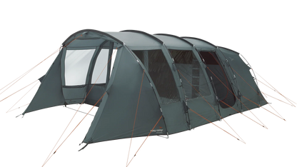 Large family camping tent with multiple rooms and orange guy lines for outdoor adventures