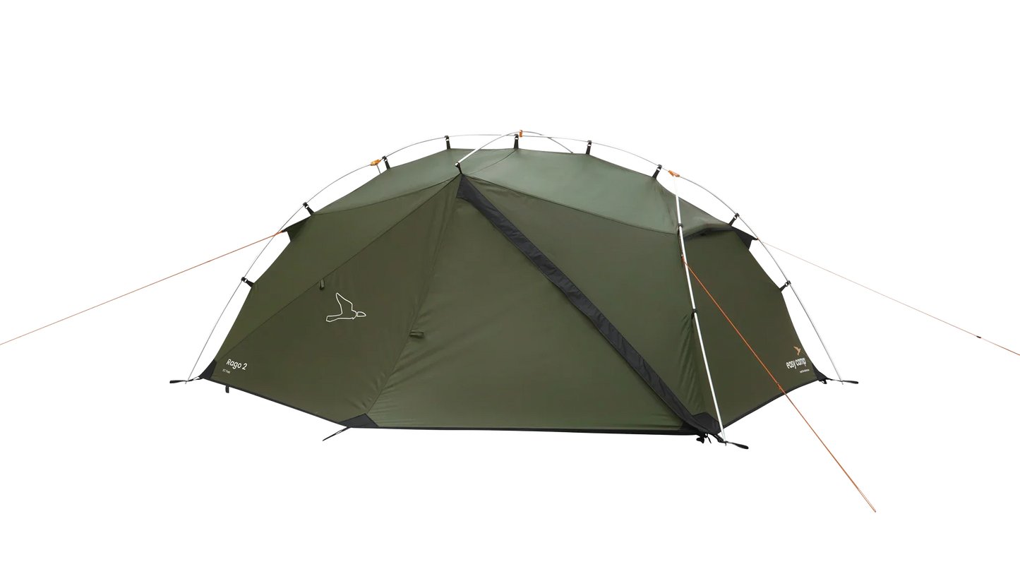 Green Rago 2 camping tent with easy setup poles and guy lines for outdoor adventures