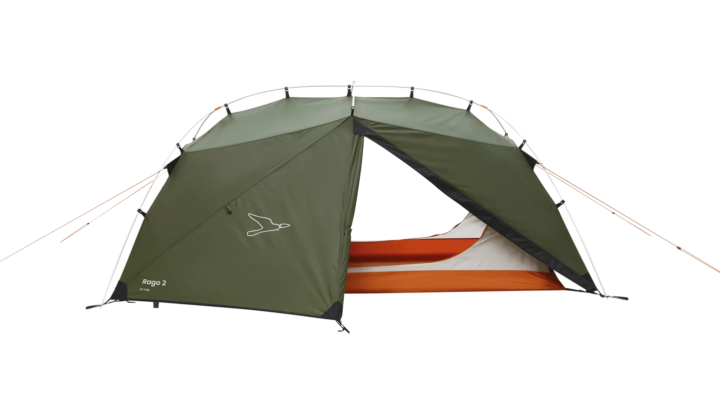 Green Rago 2 camping tent with orange interior, ideal for outdoor adventures and camping trips.