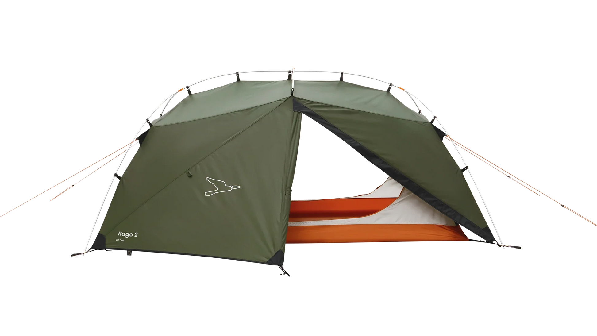 Green Rago 2 camping tent with orange interior, ideal for outdoor adventures and camping trips.