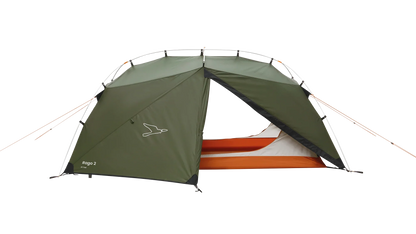 Green Rago 2 camping tent with orange interior, ideal for outdoor adventures and camping trips.