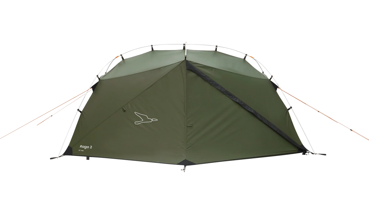 Green Rago 2 camping tent with orange guy lines and bird logo for outdoor adventures