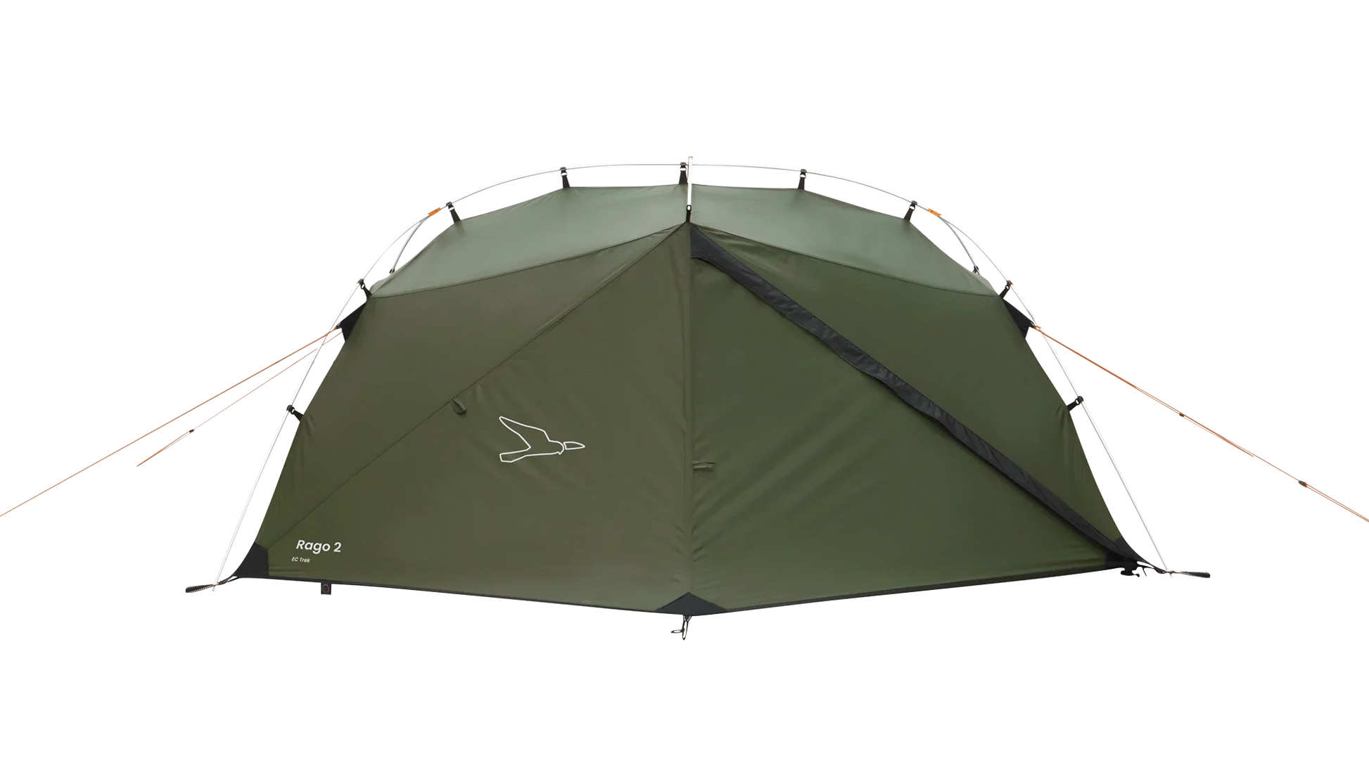 Green Rago 2 camping tent with orange guy lines and bird logo for outdoor adventures
