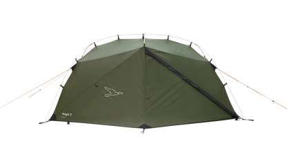 Green Rago 2 camping tent with orange guy lines and bird logo for outdoor adventures