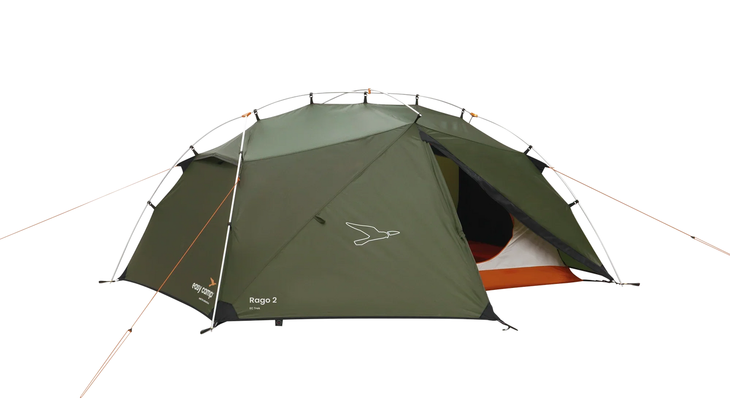 Green Rago 2 camping tent with orange accents, ideal for outdoor adventures and caravanning trips.