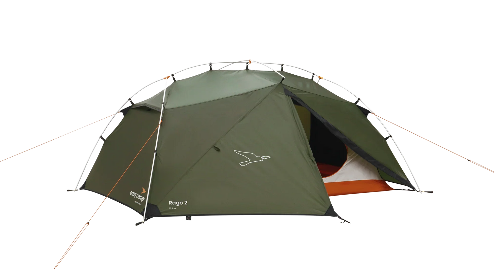 Green Rago 2 camping tent with orange accents, ideal for outdoor adventures and caravanning trips.