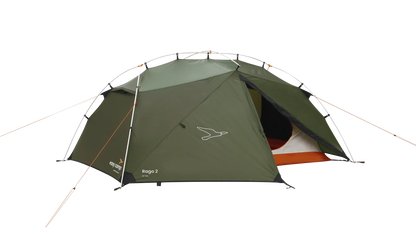 Green Rago 2 camping tent with orange accents, ideal for outdoor adventures and caravanning trips.