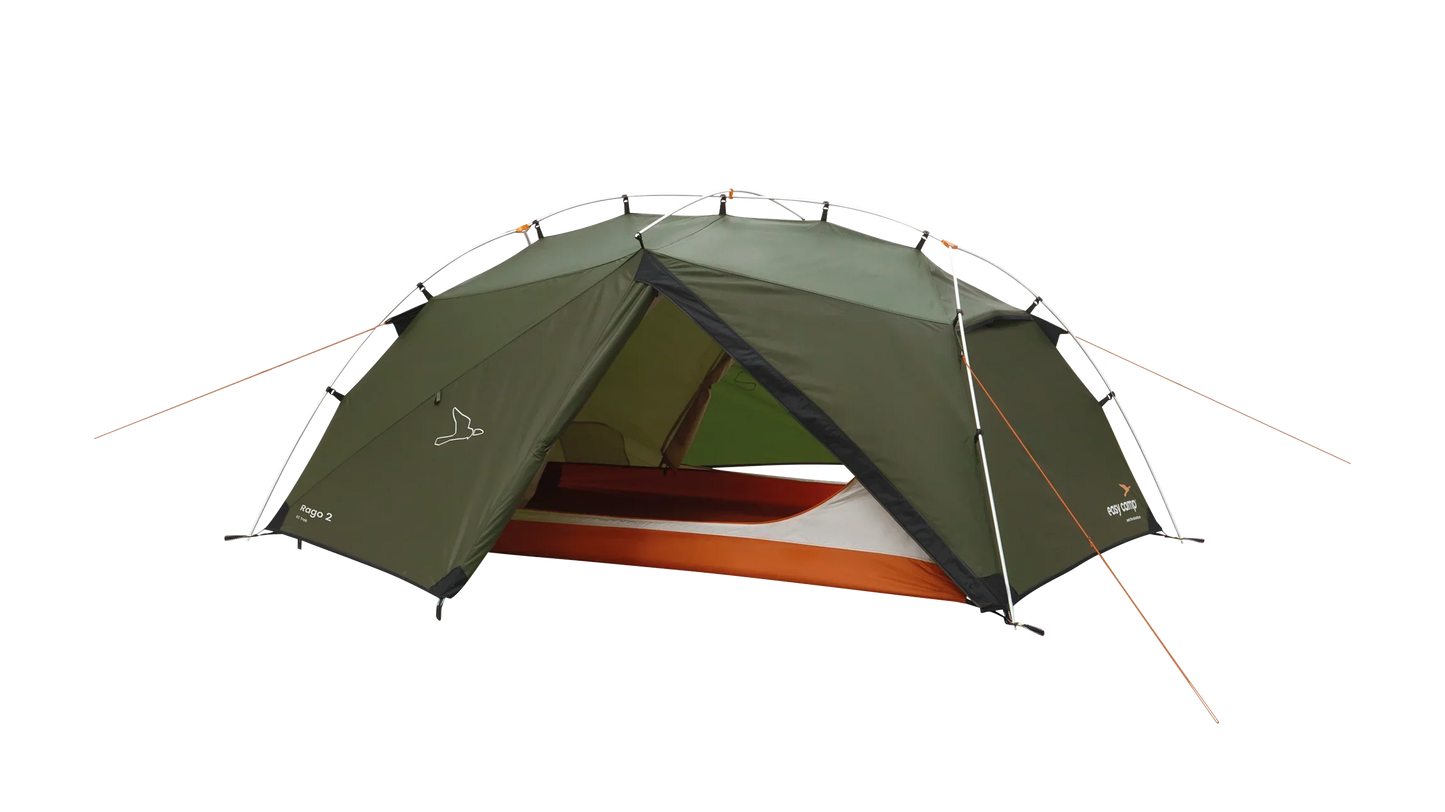 Green Rago 2 camping tent with orange accents, ideal for outdoor adventures and camping trips.