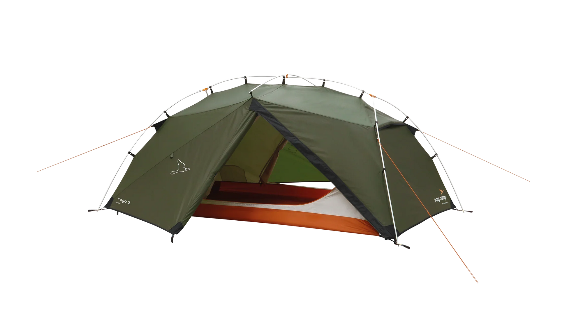 Green Rago 2 camping tent with orange accents, ideal for outdoor adventures and camping trips.