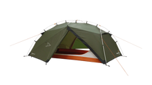 Green Rago 2 camping tent with orange accents, ideal for outdoor adventures and camping trips.