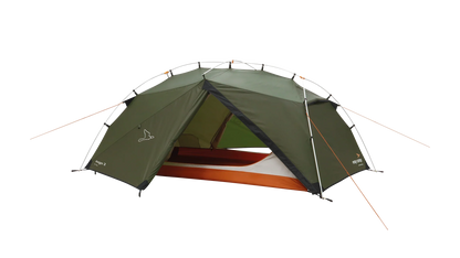 Green Rago 2 camping tent with orange accents, ideal for outdoor adventures and camping trips.