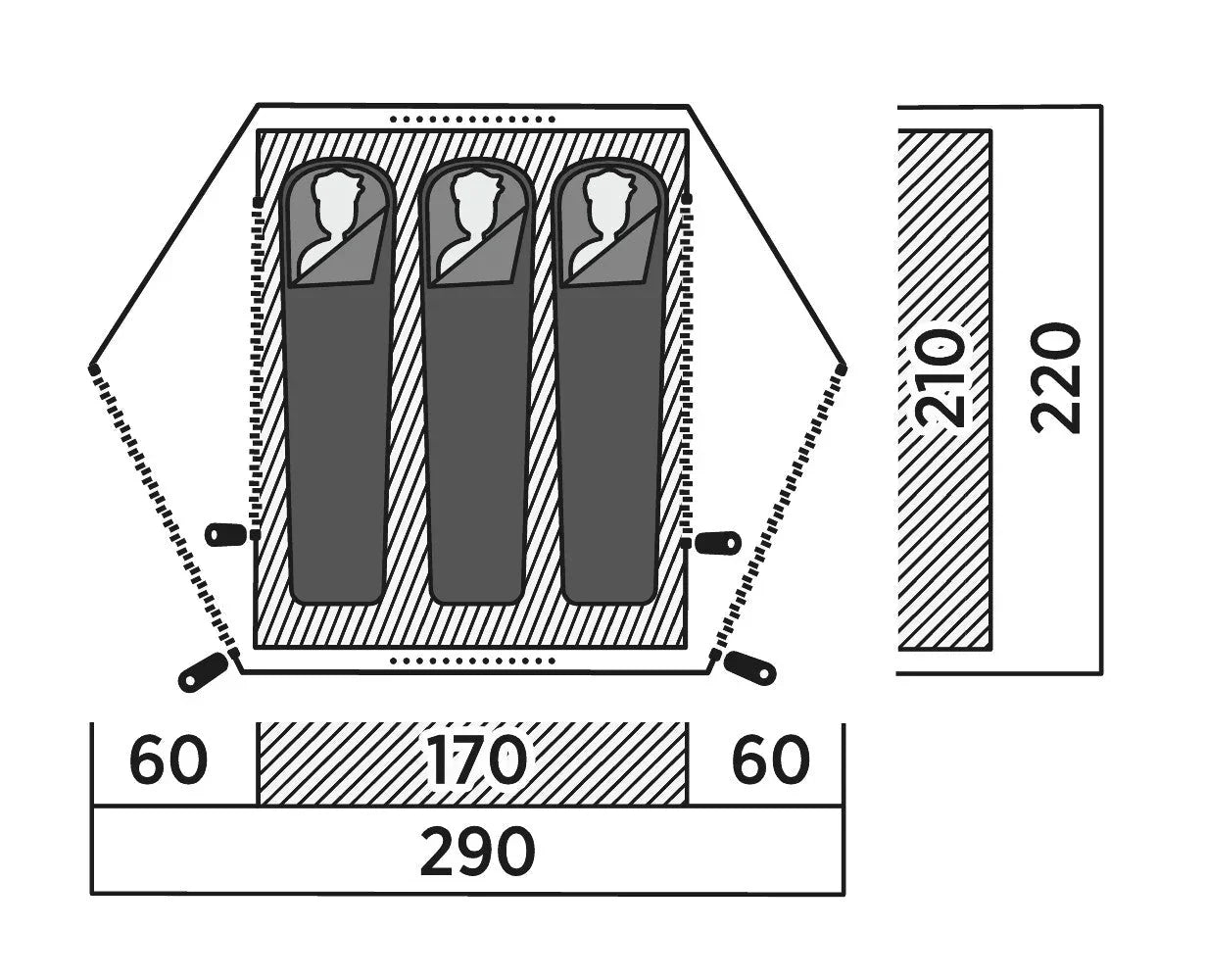 Three-person tent layout with dimensions for camping gear