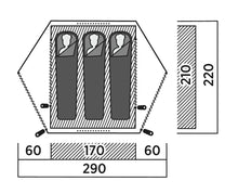 Three-person tent layout with dimensions for camping gear