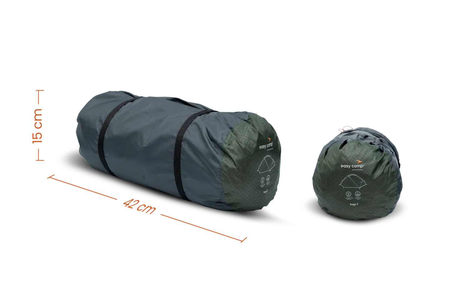 Compact camping tent storage bags with 42cm and 15cm dimensions for easy outdoor gear transport