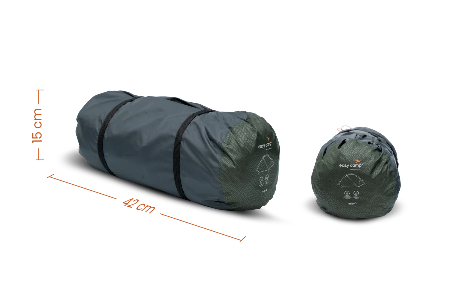 Compact camping tent storage bags with 42cm and 15cm dimensions for easy outdoor gear transport