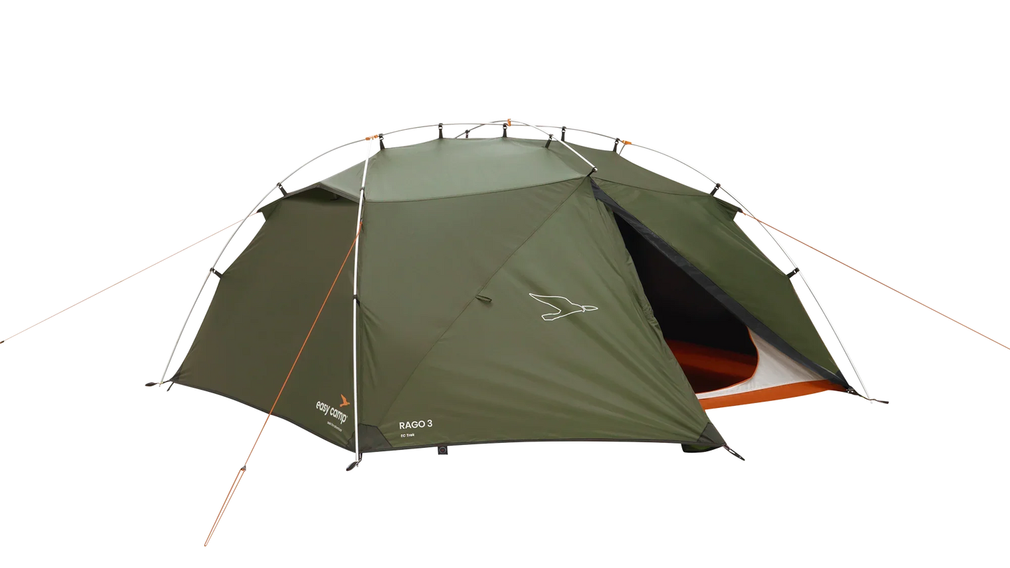 Green RAGO 3 camping tent with orange accents, ideal for outdoor adventures and caravanning trips.