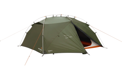 Green RAGO 3 camping tent with orange accents, ideal for outdoor adventures and caravanning trips.