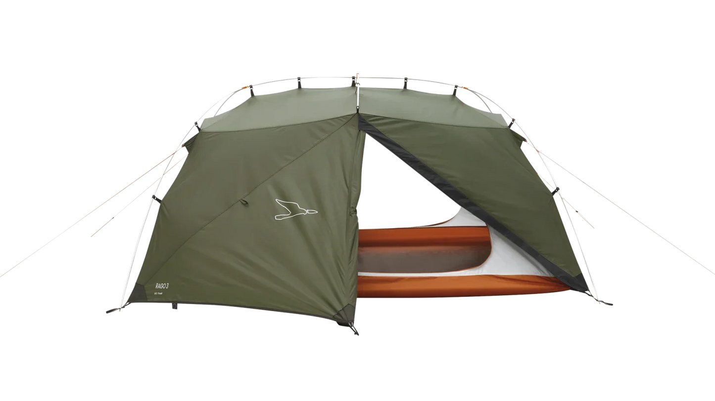 Green Rago 3 camping tent with orange interior, ideal for outdoor adventures and caravanning trips.