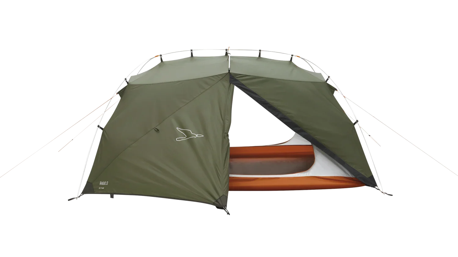 Green Rago 3 camping tent with orange interior, ideal for outdoor adventures and caravanning trips.