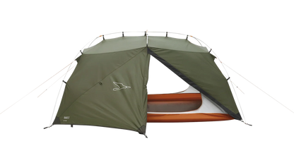 Green Rago 3 camping tent with orange interior, ideal for outdoor adventures and caravanning trips.