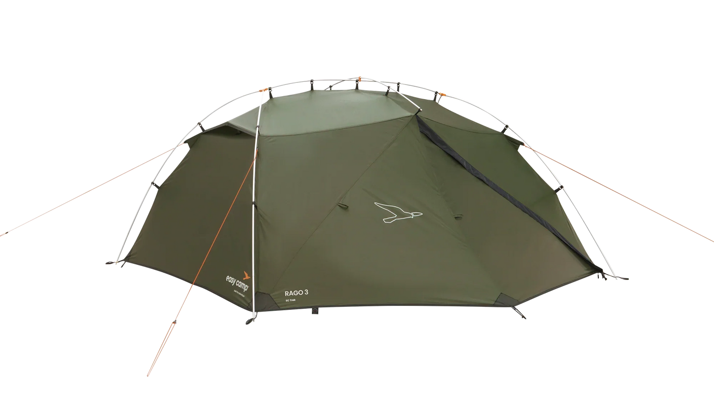 Green RAGO 3 camping tent with easy camp branding, ideal for outdoor adventures and camping trips.