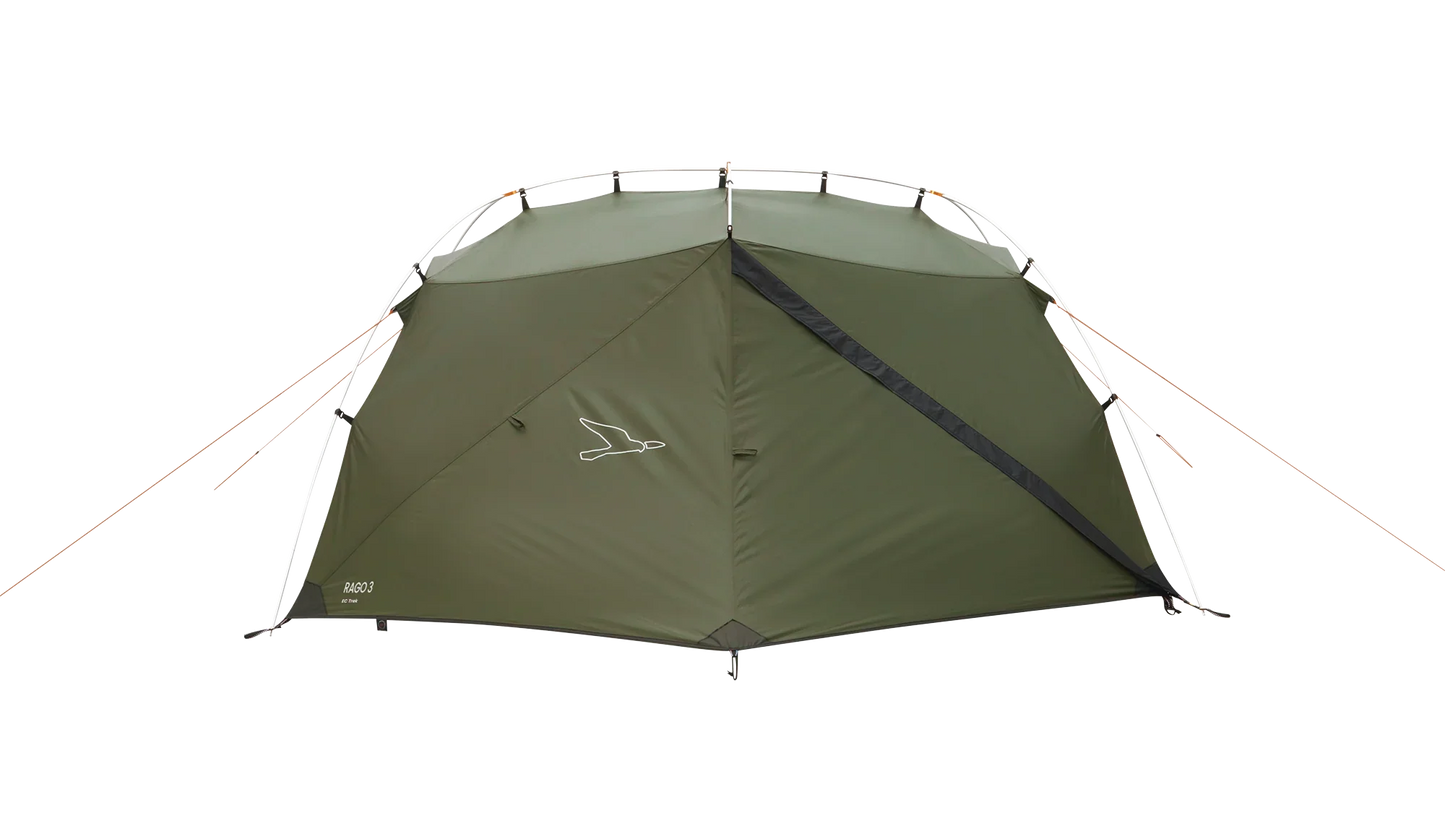 Green RAGO 3 camping tent with sturdy poles and guy lines for outdoor adventures