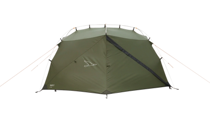 Green RAGO 3 camping tent with sturdy poles and guy lines for outdoor adventures