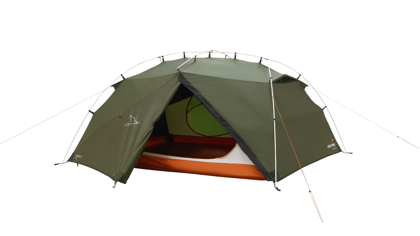 Green camping tent with orange interior, ideal for outdoor adventures and camping trips.