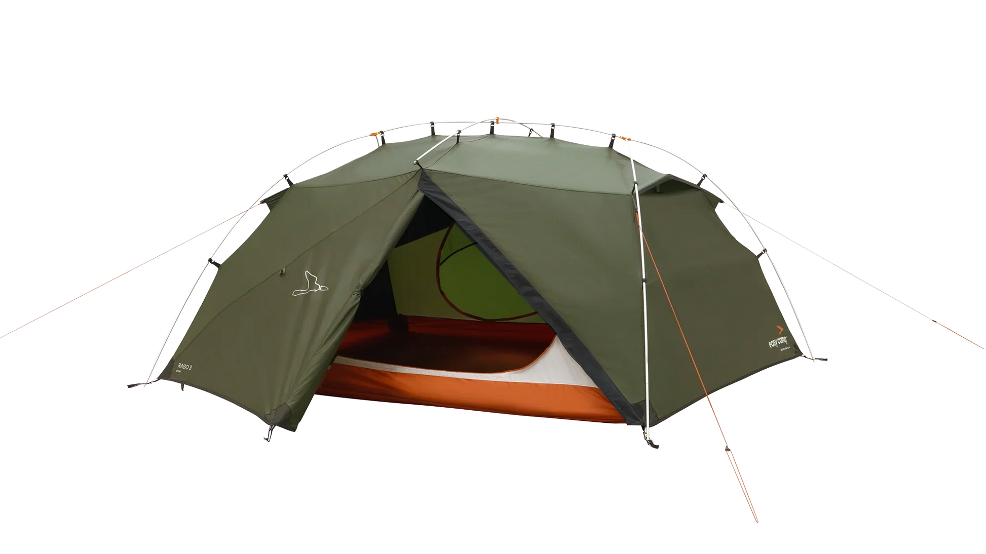 Green camping tent with orange interior, ideal for outdoor adventures and camping trips.
