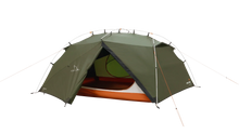 Green camping tent with orange interior, ideal for outdoor adventures and camping trips.