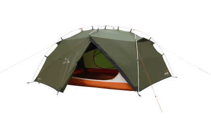Green camping tent with orange interior, ideal for outdoor adventures and camping trips.