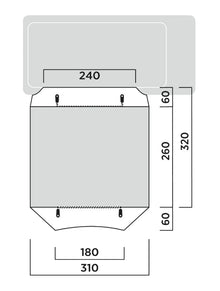 Technical diagram showing dimensions of a camping or caravan awning component