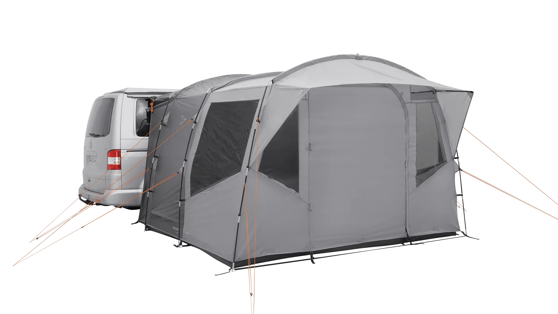 Gray motorhome awning attached to van, featuring mesh windows and orange guy lines for outdoor camping.