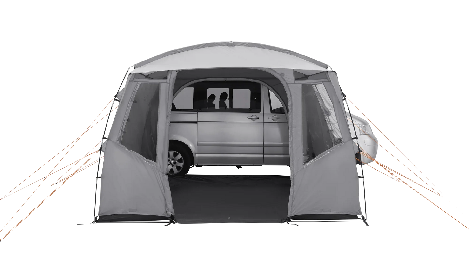 Gray motorhome awning with orange guy lines, providing shelter for a van