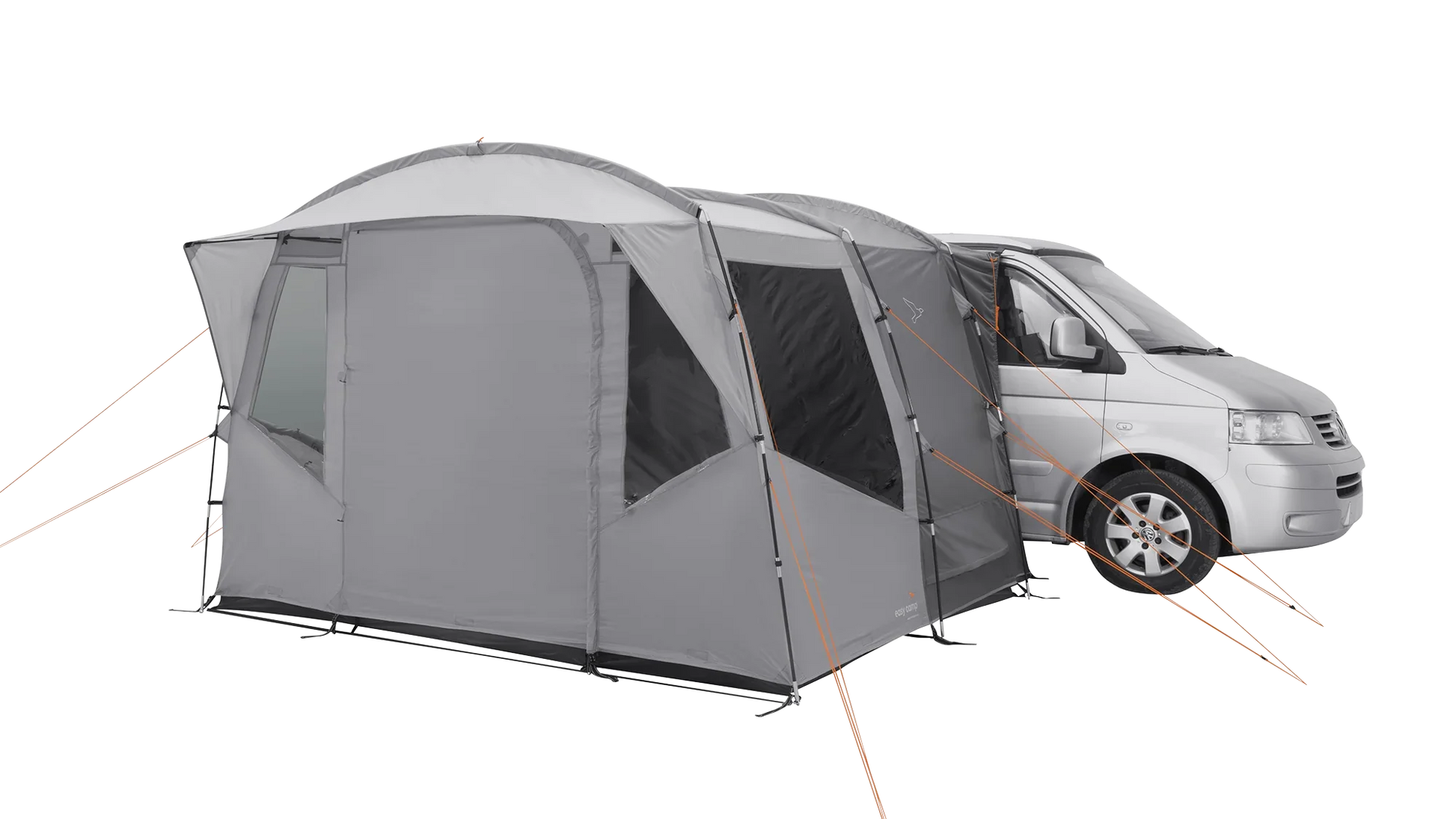 Gray motorhome awning attached to van, ideal for camping adventures and outdoor gear setups.
