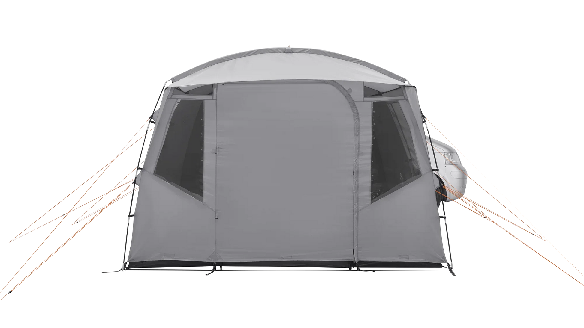 Gray caravan awning with orange guy lines attached to a vehicle for outdoor camping adventures