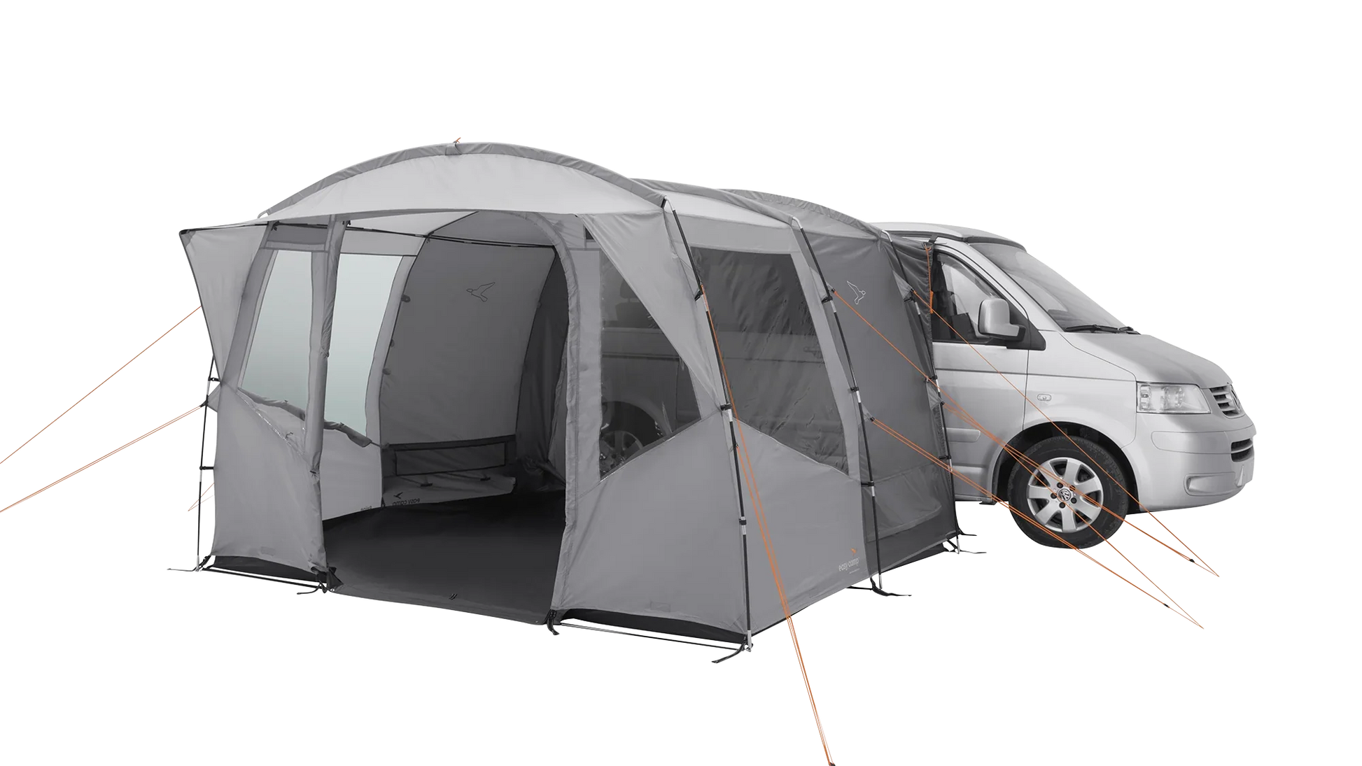 Gray motorhome awning attached to van, featuring mesh windows and orange guy lines for outdoor camping.