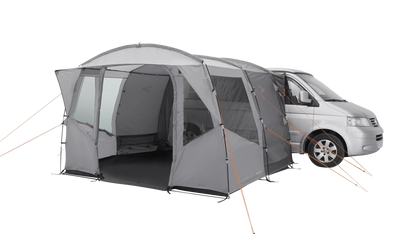 Gray motorhome awning attached to van, featuring mesh windows and orange guy lines for outdoor camping.