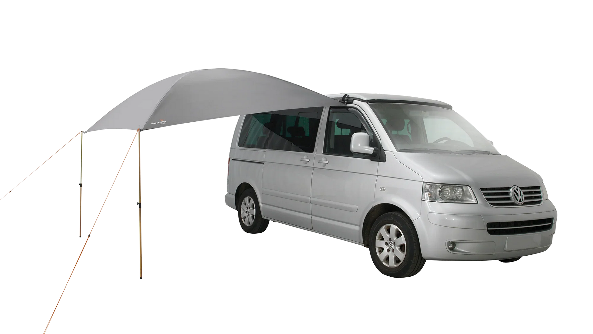 Gray motorhome awning attached to van for outdoor camping shade