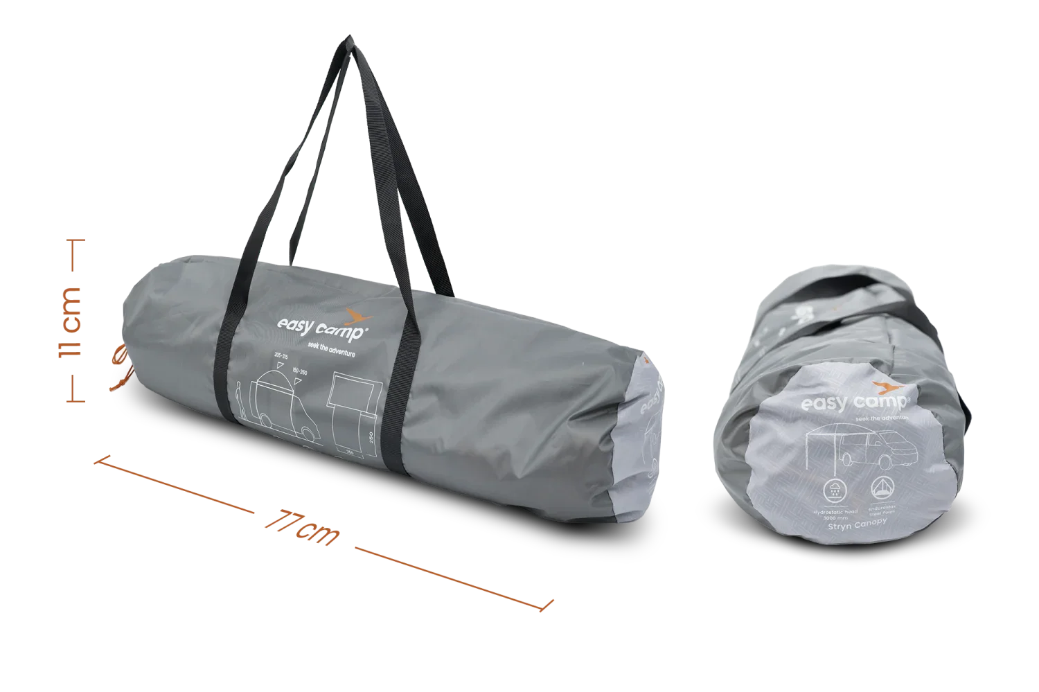 Easy Camp Stryn Canopy packed in gray carry bag with dimensions 77cm x 11cm for outdoor adventures
