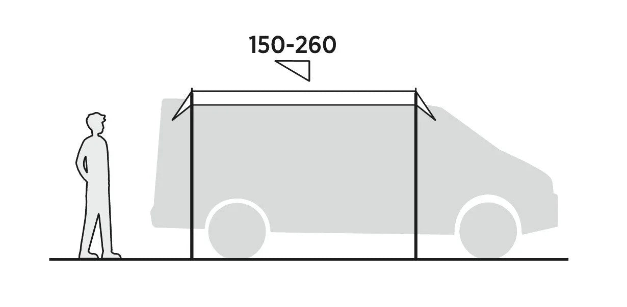 Motorhome awning height 150-260cm with person for scale, ideal for camping and outdoor adventures.