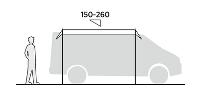 Motorhome awning height 150-260cm with person for scale, ideal for camping and outdoor adventures.