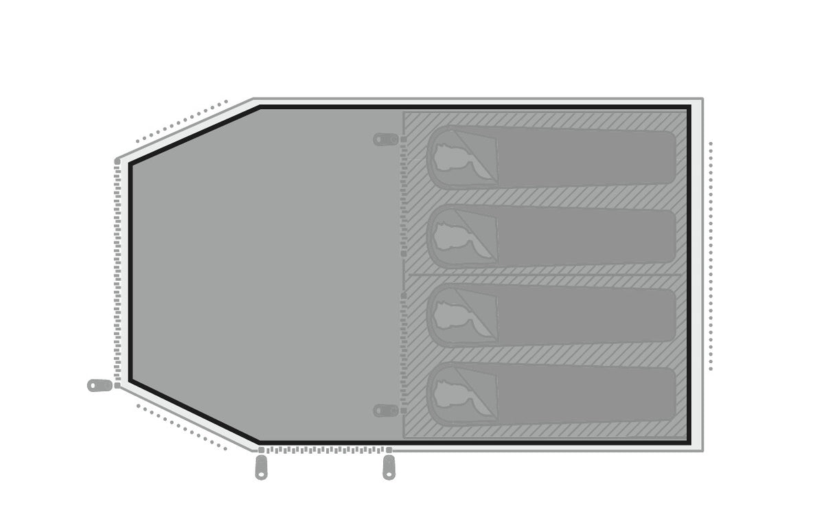 Top-down floor plan diagram of a four-person camping tent layout.