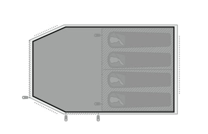 Top-down floor plan diagram of a four-person camping tent layout.