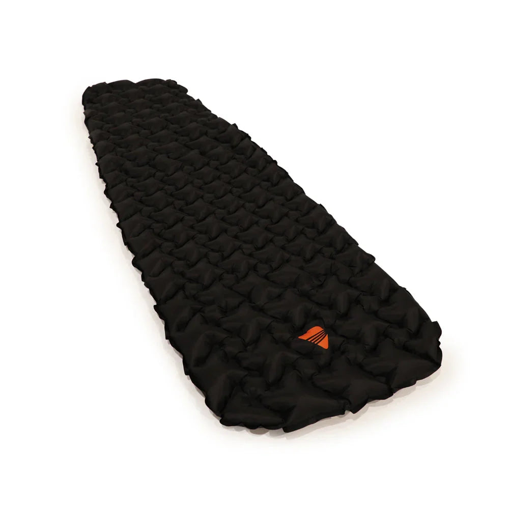 Black inflatable camping mattress with orange logo, ideal for outdoor sleeping gear and caravanning adventures